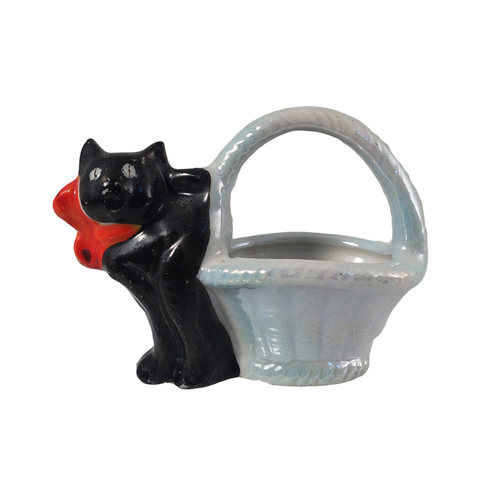 Ceramic Black Cat and Pearlized Pastel Blue Basket Made In Occupied Japan 